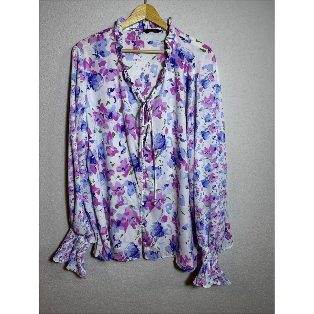 Dokotoo Blouse Women 2XL White Purple Floral Ruffle Neck Smocked Cuff Boho